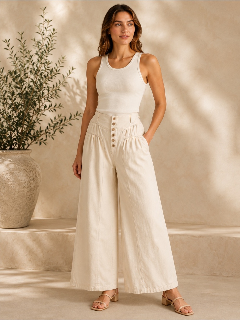 SM177 | Ecru Cotton Twill Wide Leg Button Front Pants